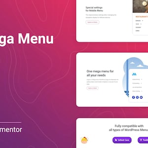 May include: A digital graphic with the words "Mega Menu" in white text, with the word "PLUGIN" in a pink box. The background is a gradient of pink and purple with a topographic design. The words "for Elementor" are at the bottom.