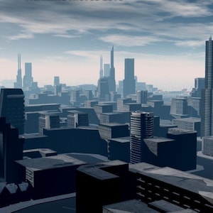 Op de afbeelding: Een digitale afbeelding van een stadsgezicht met talrijke wolkenkrabbers en gebouwen van verschillende hoogtes en ontwerpen. De gebouwen zijn voornamelijk in blauw- en grijstinten, tegen een bewolkte lucht, wat een futuristische sfeer oproept.