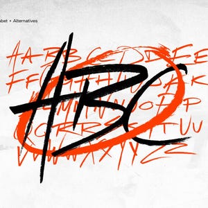 May include: A digital design featuring a complete alphabet with alternative letter styles. The letters "ABC" are prominently displayed in black, encircled by an orange ring, with additional letters in the background. The text "Complete Alphabet + Alternatives" is at the top.