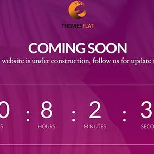 Könnte beinhalten: Ankündigung einer Website im Aufbau auf violettem Hintergrund mit einem Countdown-Timer. Der Text lautet „COMING SOON“ und „Our website is under construction, follow us for update now!“. Der Timer zeigt 40 Tage, 8 Stunden, 2 Minuten und 32 Sekunden an.