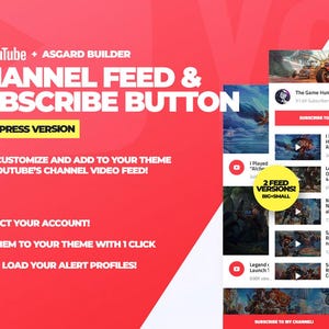 May include: A red and white graphic promoting a YouTube channel feed and subscribe button for WordPress. The image includes a preview of a YouTube channel with video thumbnails and a call to action to subscribe.