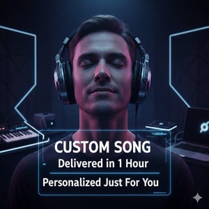 Op de afbeelding: Een man met een koptelefoon met de tekst "CUSTOM SONG Delivered in 1 Hour Personalized Just For You" in een neonblauw kader. De achtergrond is donker met neonblauwe geometrische vormen en muziekapparatuur.