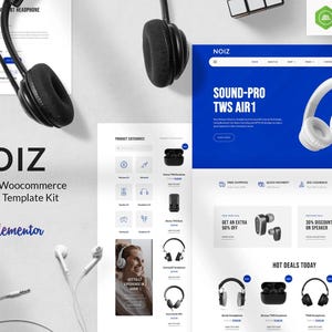 Könnte beinhalten: Werbebild für einen Audioladen mit verschiedenen Kopfhörern und Ohrhörern. Das Bild enthält ein Website-Design mit dem Markennamen "NOIZ" und dem Text "SOUND-PRO TWS AIR 1". Das Design zeigt verschiedene Kopfhörermodelle und Produktkategorien.