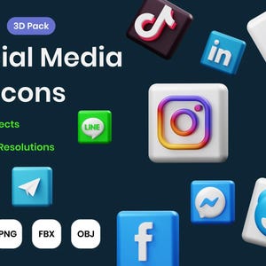 May include: A collection of 3D social media icons, including Instagram, Facebook, Twitter, and others, against a dark blue background. The image also includes the text "Social Media 3D Icons", "16 Objects", and "High-Resolutions".