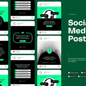 May include: A digital marketing template with a green and black color scheme. The design includes several mock social media posts with text and graphics. The words "Social Media Post" are displayed in large white letters.