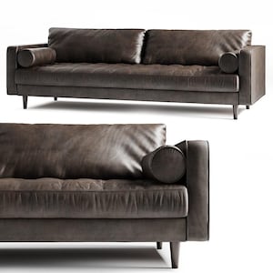 以下が含まれることがあります： 2つの背もたれクッションと2つの円筒形のアームレストを備えた、茶色の革製ソファ。 ソファは木製の脚でロープロファイルです。 革は使い古された外観をしています。 ソファは座るように設計されています。