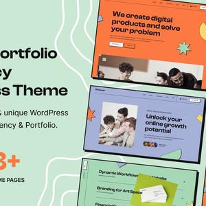 Puede incluir: Imagen promocional del tema WordPress "Calmer", que muestra ejemplos de diseño web. El diseño presenta un fondo verde claro con maquetas de sitios web naranjas, amarillas y azules. El texto incluye "Creative Portfolio and Agency WordPress Theme."