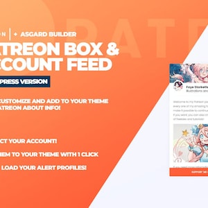 Op de afbeelding: Een oranje en witte afbeelding die een Patreon-box en accountfeed voor WordPress promoot. De tekst bevat "Patreon Box & Account Feed" en "Pas eenvoudig aan en voeg toe aan je thema je Patreon-info!" Een kleine afbeelding toont een Patreon-pagina.