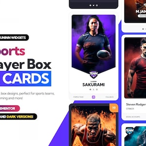 Pode incluir: Imagem promocional para "Sports Player Box UI CARDS", com designs de perfis de jogadores. A imagem usa um esquema de cores roxo e azul, com texto indicando que o produto é para Elementor e oferece versões claras e escuras.