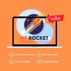 Può includere: Uno schermo di un laptop mostra il logo WP Rocket con una grafica a forma di razzo. L'immagine include il testo "Superior WordPress Performance" e una notifica "New Update". Ulteriore testo evidenzia "Fast Performance", "SEO Benefits", "User-Friendly" e "Compatibility".