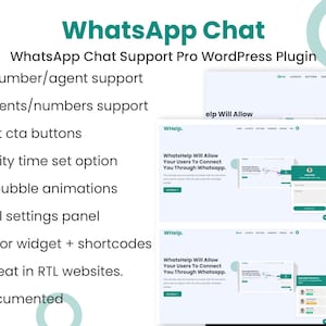 Könnte beinhalten: Werbebild für ein WhatsApp Chat WordPress Plugin. Das Bild zeigt den Text "WhatsApp Chat" und Details zu den Funktionen des Plugins, einschließlich Einzel- und Multi-Agenten-Support, CTA-Buttons und Blasenanimationen. Website-Mockups sind ebenfalls abgebildet.