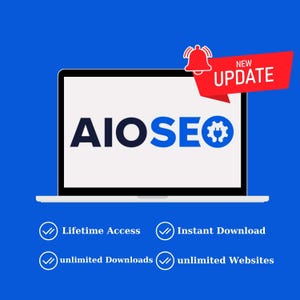 May include: A laptop screen displays the text "AIOSE" in bold, dark blue letters, with a gear icon in the "O". A red banner with "NEW UPDATE" and a bell icon is in the upper right. Below the screen are checkmarks with text: Lifetime Access, Instant Download, unlimited Downloads, and unlimited Websites.