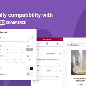 May include: Screenshot of a website interface with the text "Fully compatibility with Woo Commerce." The interface includes a "Post Link" section with width and margin settings, and a product display with "Gold Leaf Facial Treatment."