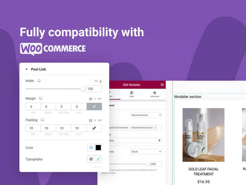 May include: Screenshot of a website interface with the text "Fully compatibility with Woo Commerce." The interface includes a "Post Link" section with width and margin settings, and a product display with "Gold Leaf Facial Treatment."