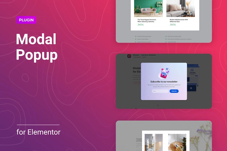 May include: A digital display with the words "Modal Popup" and "for Elementor" in white text. The image features a website interface with a pop-up window prompting users to subscribe to a newsletter. The background is a gradient of pink and purple.