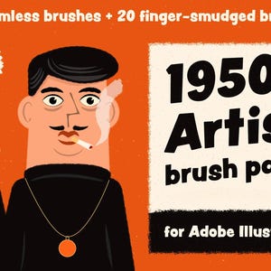 Puede incluir: Ilustración de un hombre con un cuello alto negro sosteniendo un martini y fumando un cigarrillo. La imagen incluye el texto "1950s Artist brush pack para Adobe Illustrator" y "19 pinceles sin costuras + 20 pinceles manchados con los dedos".