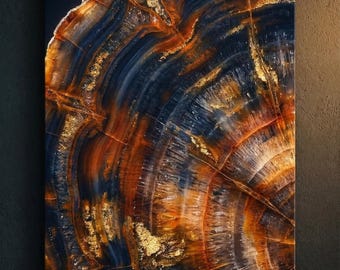 Abstracte boom ring kunst aan de muur, versteend hout print, poster hout plak, grote moderne muur decor, marineblauwe en gouden natuur kunst, digitaal