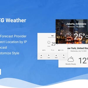 Può includere: Interfaccia dell'applicazione meteo digitale con il testo "JEG Weather". L'interfaccia mostra le previsioni del tempo per più località, tra cui Giacarta, Indonesia, e New York, Stati Uniti, con letture della temperatura in gradi Celsius.