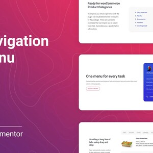May include: A digital graphic with the text "Navigation Menu" and "for Elementor" in white against a gradient pink and purple background. The image also includes website mockups and a coffee cup.