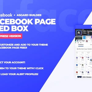 May include: A blue graphic promoting a Facebook Page Feed Box for WordPress. The text includes "Facebook Page Feed Box" and "WordPress Version." A smaller screen displays a Facebook page feed. The text also mentions easy customization and adding to your theme.