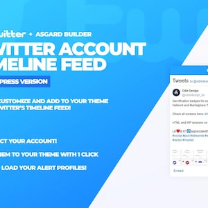 May include: A blue graphic promoting a Twitter account timeline feed for WordPress. The text includes "Twitter Account Timeline Feed" and instructions to connect, add, and save alert profiles. A Twitter feed example is shown on the right.