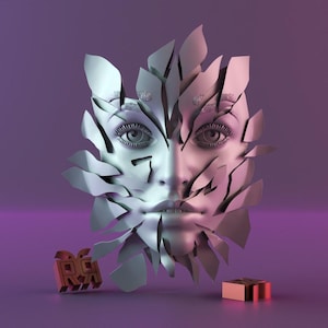 Op de afbeelding: Een surrealistisch digitaal kunstwerk met een gefragmenteerd gezicht, verdeeld in twee helften met contrasterende kleuren. Het gezicht is omgeven door gebroken stukken, met een goudkleurig object en een kleine doos aan de basis, alles tegen een paarse achtergrond.