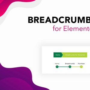 Könnte beinhalten: Weißer Hintergrund mit abstrakten lila und rosa Formen. Der Text "BREADCRUMBS for Elementor" wird in Schwarz und Rosa angezeigt. Ein weißes Rechteck zeigt eine Breadcrumb-Navigation mit "Home", "Breadcrumbs" und "Purchase".