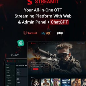 以下が含まれることがあります： STREAMITのプロモーション画像。オールインワンOTTストリーミングプラットフォームです。ウェブインターフェース、管理パネル、ChatGPTの統合など、プラットフォームの機能を紹介しています。インターフェースには映画のタイトルとユーザーダッシュボードが表示されています。