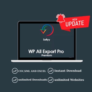 Könnte beinhalten: Ein Laptop zeigt das Logo "WP All Export Pro" mit dem Text "Premium" darunter. Der Bildschirm zeigt das Soflyy-Logo und ein rotes Banner mit "NEUES UPDATE". Darunter befinden sich Häkchen mit den Texten "CSV, XML UND EXCEL", "Sofort-Download", "unbegrenzte Downloads" und "unbegrenzte Websites".