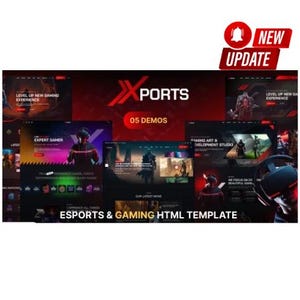 Puede incluir: Imagen promocional para una plantilla HTML de Esports y Gaming. El diseño presenta una combinación de colores rojo oscuro y negro con múltiples diseños de demostración de sitios web. El texto incluye "XPORTS", "05 DEMOS" y "ESPORTS & GAMING HTML TEMPLATE". Un banner de "NEW UPDATE" está en la parte superior derecha.