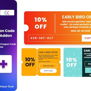 May include: A promotional graphic for a coupon code elementor addon. The design features three coupons with a 10% off offer and the text "EARLY BIRD OFFER". The coupons are orange, yellow, and teal.