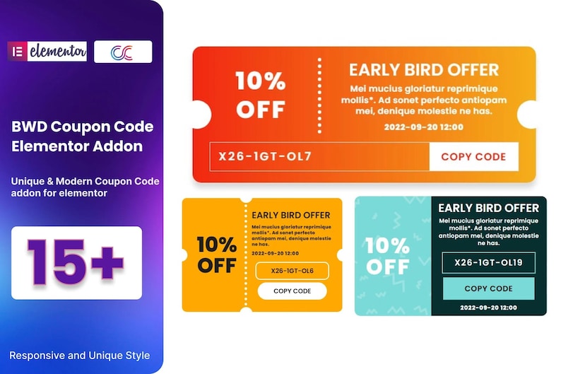 May include: A promotional graphic for a coupon code elementor addon. The design features three coupons with a 10% off offer and the text "EARLY BIRD OFFER". The coupons are orange, yellow, and teal.