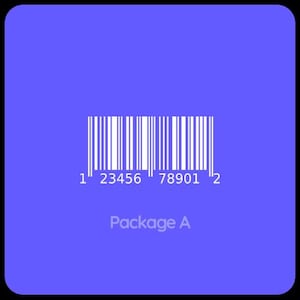 May include: A square, blue graphic with a white barcode and the numbers "1 23456 78901 2". Below the barcode, the text reads "Package A". The background is a solid blue.