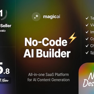 May include: A digital graphic advertising a No-Code AI Builder platform. The image displays the text "No-Code AI Builder" with a lightning bolt graphic. Additional text includes "All-in-one SaaS Platform for AI Content Generation" and a "Best-Seller" badge.