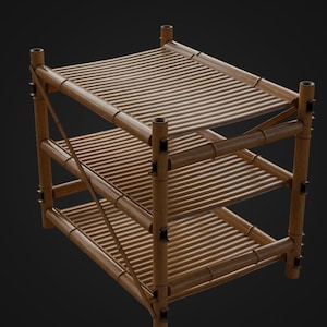Puede incluir: Estantería de bambú de tres niveles con acabado de madera natural. Los estantes están hechos de listones horizontales, y el marco está construido con postes de bambú verticales. La estantería está diseñada para almacenamiento y exhibición.