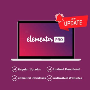 Op de afbeelding: Een laptopscherm toont het Elementor Pro-logo tegen een gradiënt achtergrond. Een rode banner met "NEW UPDATE" en een belpictogram staan rechtsboven. Daaronder vinkjes met tekst: Regular Uptades, Instant Download, unlimited Downloads en unlimited Websites.