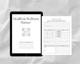 Puede incluir: Un planificador imprimible en blanco y negro con el título "Health & Wellness Planner". El planificador incluye secciones para el estado físico diario, citas, comidas y notas.