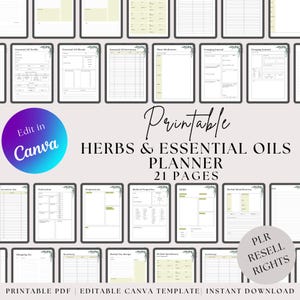 May include: Printable planner with 21 pages for organizing herbs and essential oils. The planner includes pages for essential oil profiles, blends, inventory, plant meditation, foraging journal, herbal identification, medical properties, preparations, shopping list, inventory, herbal tea recipes, and herbal apothecary. The planner is editable in Canva and includes resell rights.