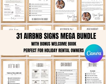 May include: A set of 31 printable Airbnb signs in a mega bundle with a bonus welcome book. The signs are designed for holiday rental owners and are fully editable. The signs include welcome, checkout, extra essentials, meet your hosts, thank you, let's get, local recommendations, and before you leave.
