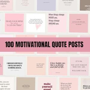 Può includere: Un collage di poster motivazionali rosa e bianchi con vari messaggi ispiratori. I poster presentano citazioni come "Allena la tua mente a dire 'Posso farlo'" e "Quando le cose cambiano dentro di te, le cose cambiano intorno a te."