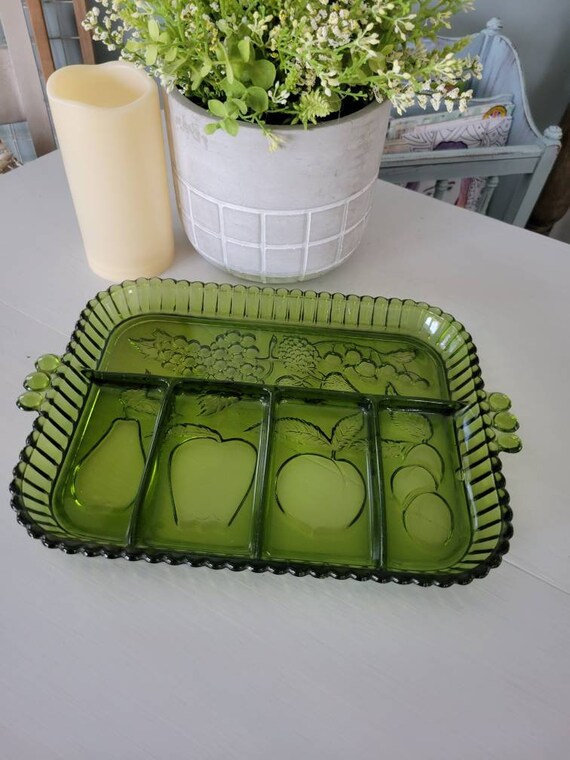 Vintage Green Glass Relish Dish Indian Glass Co Olive Etsy