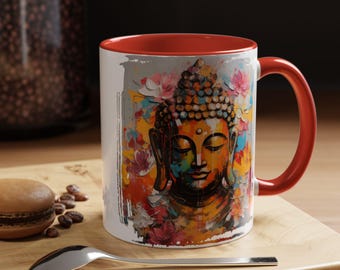Abstract Buddha Mug, Zen Floral Painting Style, Yoga Meditation Decor
