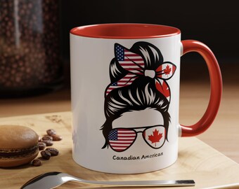 Canadian American Flag Messy Bun Coffee Mug: Heritage Pride Gift