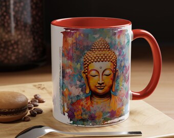 Buddha Mug, Golden Bust, Zen Watercolor Design