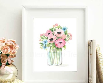 Aquarela floral/ranúnculo aquarela/decoração de parede romântica/presentes para ela/arte floral de parede/decoração floral/flores rosa/arte de parede para meninas