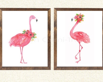Flamingo Watercolor set/pink flamingo wall art/ Girls Wall Decor/ Pink Watercolor Art/ Tropical Wall decor/ girls nursery decor