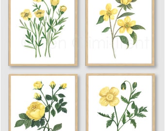 Yellow Botanical Watercolor Print Set, Flower Wall Art, Botanical Print Yellow, Yellow Flower Wall Art