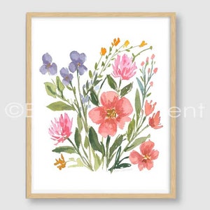 May include: A watercolor painting of a bouquet of pink, purple, and orange flowers with green leaves on a white background.