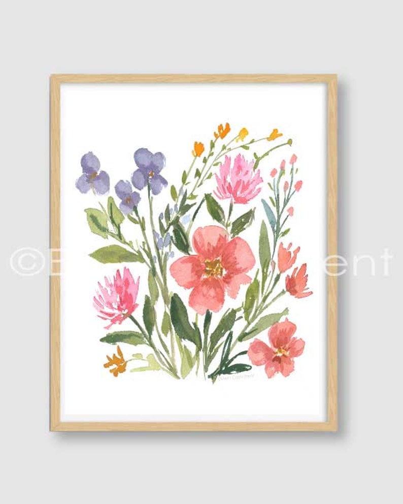 May include: A watercolor painting of a bouquet of pink, purple, and orange flowers with green leaves on a white background.