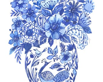 Chinoiserie Wall Art/ Chinoiserie Chic/ blue and white/ Chinoiserie Decor/ botanical/ Ginger jar/ blue floral